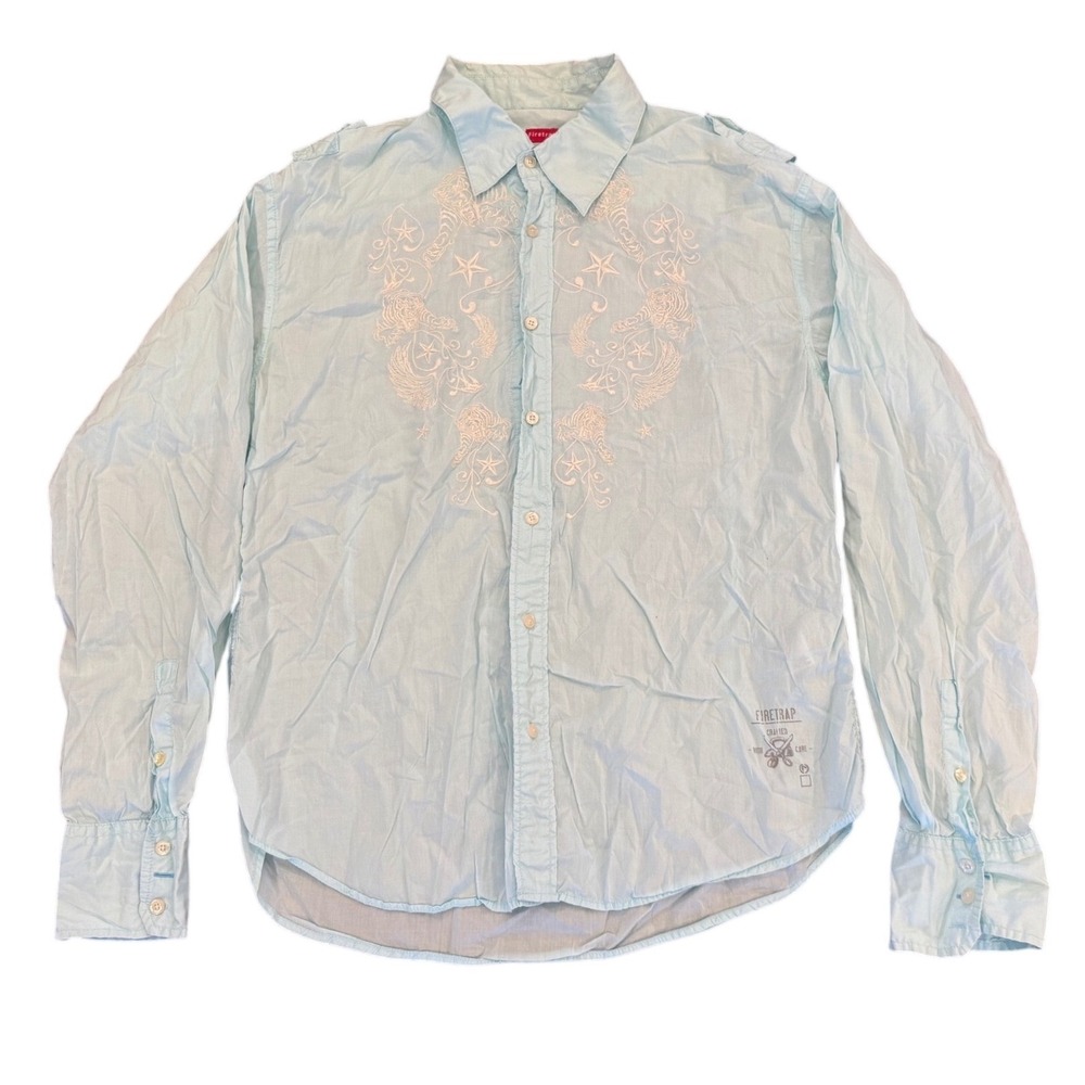 Firetrap Mens XXL ( Light Blue Embroidered Tiger Star Button Down Shirt L/S